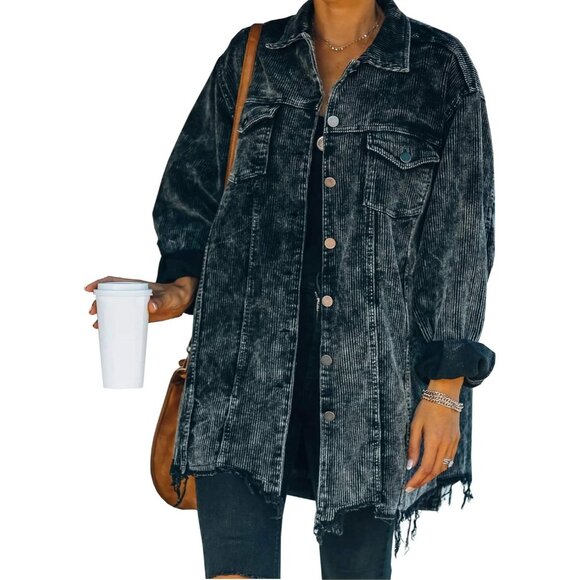 Womens Black Oversized Corduroy Shirt Jacket Casual Button Down Retro - Picture 1 of 4